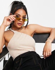 Асимметричное боди с начесом в рубчик бежевого цвета ASOS LUXE-Коричневый цвет