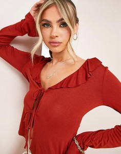 Рыжий топ с длинными рукавами, оборками и завязкой спереди ASOS LUXE-Коричневый цвет