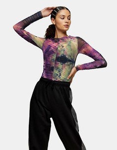 Сетчатый топ со сборками и разноцветными принтом тай дай Topshop-Multi