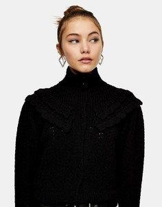 Вязаный ажурный кардиган черного цвета с оборками Topshop-Черный цвет