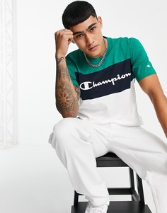 Белая футболка в стиле колор блок с крупным логотипом в виде надписи на груди Champion-Белый