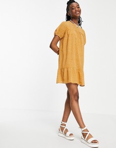 Свободное платье мини с оборкой по низу и принтом в горошек Wednesdays Girl-Желтый