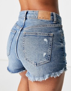 Голубые шорты с завышенной талией и рваным краем Bershka-Голубой