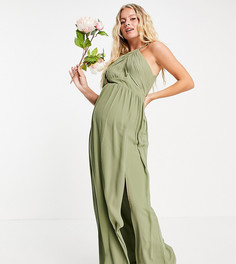 Плиссированное платье макси для подружки невесты тускло-зеленого цвета TFNC Maternity-Зеленый цвет