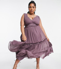 Платье миди с кружевной вставкой и оборками пыльно-лилового цвета ASOS DESIGN Curve-Фиолетовый цвет