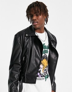 Укороченная байкерская куртка из искусственной кожи с ремнем ASOS DESIGN-Черный цвет