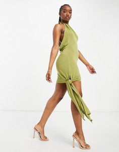 Оливковое платье мини из меланжевого полотна с завязкой на шее и узлом ASOS LUXE-Зеленый цвет
