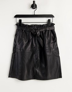 Черная юбка из искусственной кожи с завышенной присборенной талией Only Rigie-Черный цвет