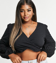 Черный топ с запахом и рукавами с вышивкой ришелье ASOS DESIGN Curve-Черный цвет