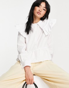 Хлопковая блузка цвета слоновой кости с длинными рукавами и оборками ASOS DESIGN-Белый