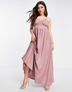Платье макси розового цвета со сборками на лифе и тонкими бретельками ASOS DESIGN-Розовый цвет