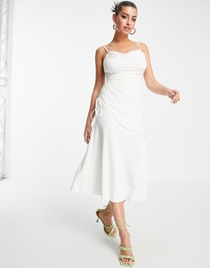 Асимметричное платье макси из ткани с добавлением льна цвета слоновой кости на бретельках со сборками и свободным воротом ASOS DESIGN-Белый