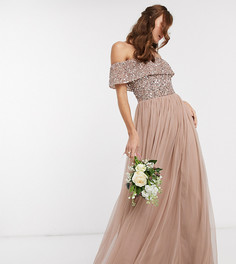Розовое платье макси из тюля с широким вырезом и однотонными пайетками Maya Bridesmaid-Коричневый цвет