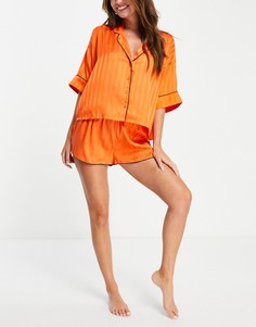 Жаккардовый атласный пижамный комплект из рубашки с короткими рукавами и шорт оранжевого цвета в полоску ASOS DESIGN-Оранжевый цвет