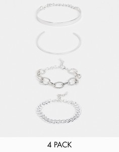 Набор серебристых браслетов из цепочки с неоднородными звеньями и браслетов-манжетов Ego-Серебристый ЭГО