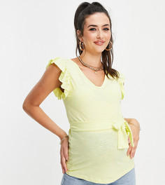 Желтая футболка с V-образным вырезом и оборками на рукавах Mamalicious Maternity-Желтый Mama.Licious
