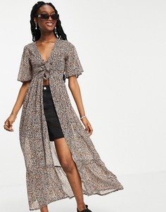 Платье макси с завязкой спереди и леопардовым принтом Influence-Коричневый цвет