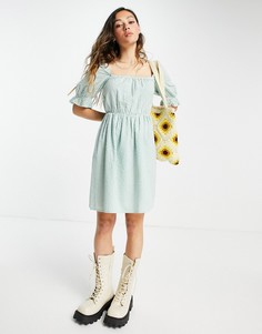 Зеленое платье мини в клетку с квадратным вырезом и объемными рукавами Only DO NOT USE-Белый