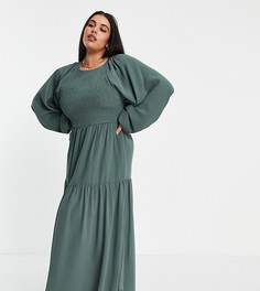 Платье макси цвета хаки с присборенным лифом ASOS DESIGN Curve-Зеленый цвет