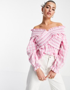 Розовый лонгслив в клетку со складками на плечах ASOS DESIGN-Multi