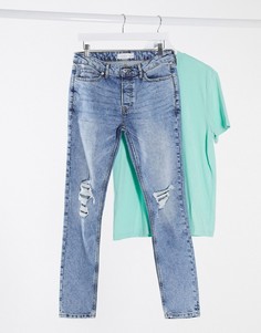 Светлые выбеленные зауженные эластичные джинсы с рваной отделкой из смесового органического хлопка Topman-Голубой