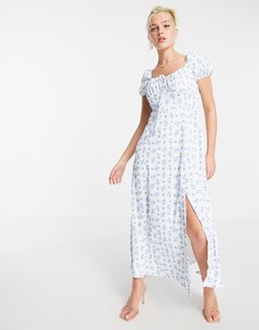 Белое платье миди с вырезом сердечком, разрезом до бедра и цветочным принтом In The Style x Billie Faiers-Многоцветный