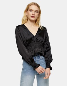 Черная атласная блуза со сборками Topshop-Черный