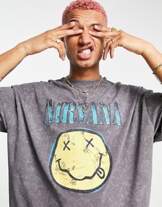 Выбеленная серая oversized-футболка с принтом "Nirvana" ASOS DESIGN-Черный цвет