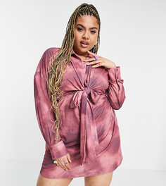 Платье-рубашка мини с размытым принтом тай-дай и завязкой спереди ASOS DESIGN Curve-Multi