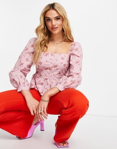 Розовый топ с пышными рукавами и цветочным принтом River Island-Розовый цвет