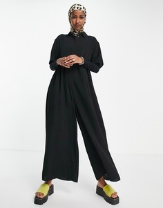 Черный комбинезон с короткими рукавами, пуговицами и воротником ASOS DESIGN-Черный цвет