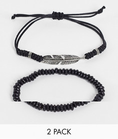 Набор из 2 черных браслетов (браслет-шнурок и браслет с бусинами) с декоративной вставкой ASOS DESIGN-Черный цвет