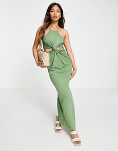 Платье макси оливково-зеленого цвета со спиной-борцовкой, вырезом и узелком ASOS DESIGN-Зеленый цвет