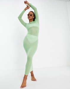 Зеленое пляжное платье макси облегающего кроя из легкого трикотажа с длинными рукавами ASOS DESIGN-Зеленый цвет