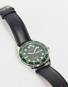 Мужские часы с зеленым циферблатом и кожаным ремешком Sekonda-Черный цвет