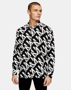 Черная рубашка с длинными рукавами и принтом с монограммой Topman-Черный цвет