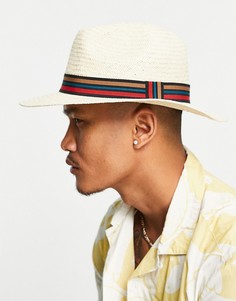 Соломенная шляпа федора с лентой в полоску и регулятором размера ASOS DESIGN-Светло-бежевый цвет