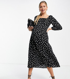 Черно-белое платье миди в горошек с квадратным присборенным вырезом ASOS DESIGN Maternity-Многоцветный