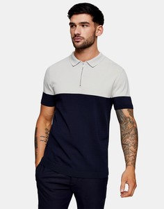 Темо-синее поло в стиле колор-блок Topman-Голубой