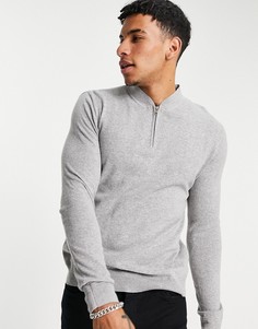 Серый вязаный джемпер с длинными рукавами и короткой молнией Topman