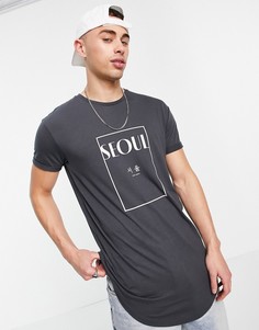 Серая длинная футболка приталенного кроя с принтом "Seoul" на груди Topman-Серый