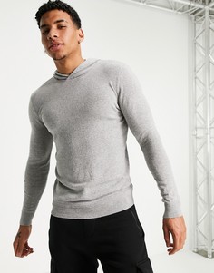 Серый трикотажный худи с длинными рукавами Topman