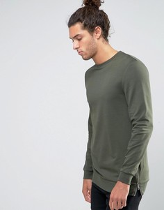Удлиненный свитшот цвета хаки с молниями по бокам ASOS-Зеленый