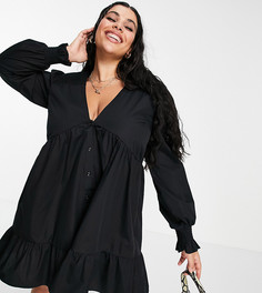 Черное свободное платье мини на пуговицах с присборенными плечами ASOS DESIGN Curve-Черный цвет