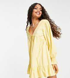 Желтое свободное платье мини на пуговицах с присборенными рукавами ASOS DESIGN Petite-Желтый