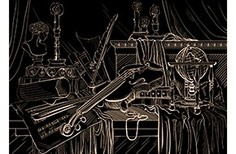 Гравюра в пакете с ручкой Натюрморт со скрипкой , А4, с эффектом золота Рыжий кот Г-9375