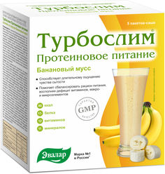Протеиновое питание, коктейль банановый мусс, Турбослим, 5 пакетов-саше по 36 г, Эвалар