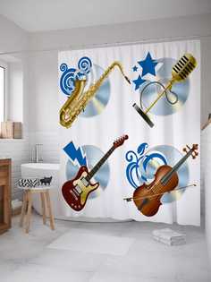 Штора для ванной JoyArty "Разные музыкальные инструменты" из сатена, 180х200 см с крючками