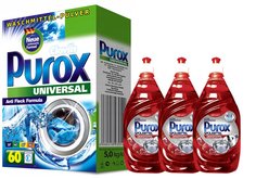 Clovin Стир.порошок Purox universal 5кг кор. + 3 шт. Гель д/посуды Purox Гранат 650 мл