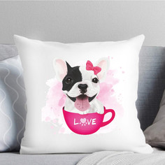 Подушка декоративная Милый французский бульдог в чашке, 35х35, атлас TheSuvenir